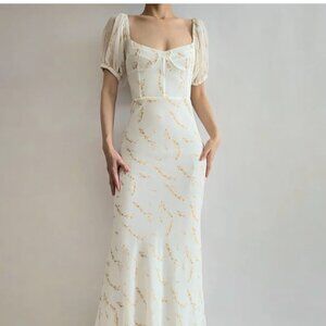 SABO STITCH Short Puff Sleeve Long Ivory Summer Maxi Dress Size US S